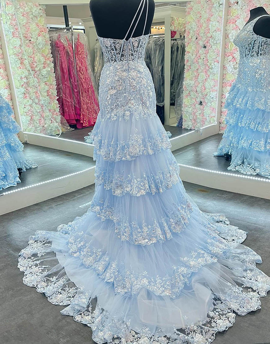 Sparkly Dark Red A-Line One Shoulder Long Tiered Prom Dress With Slit