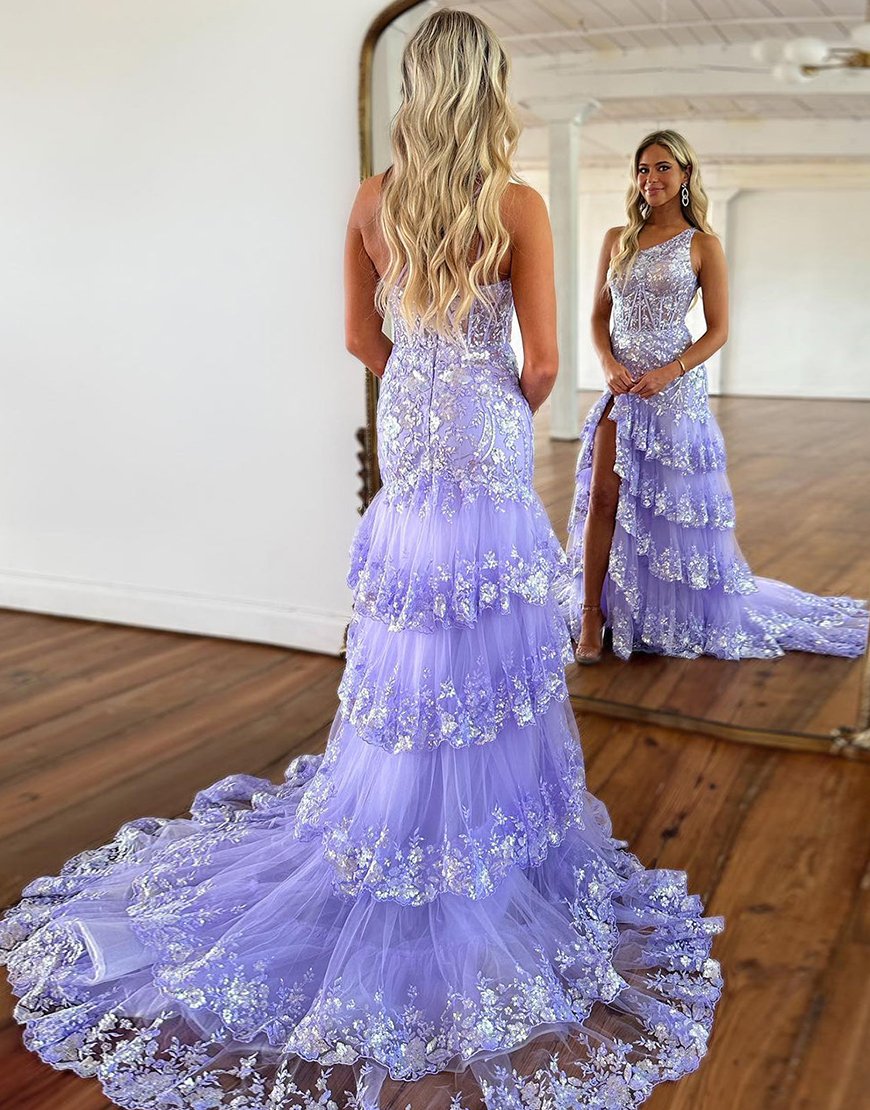 Sparkly Dark Red A-Line One Shoulder Long Tiered Prom Dress With Slit