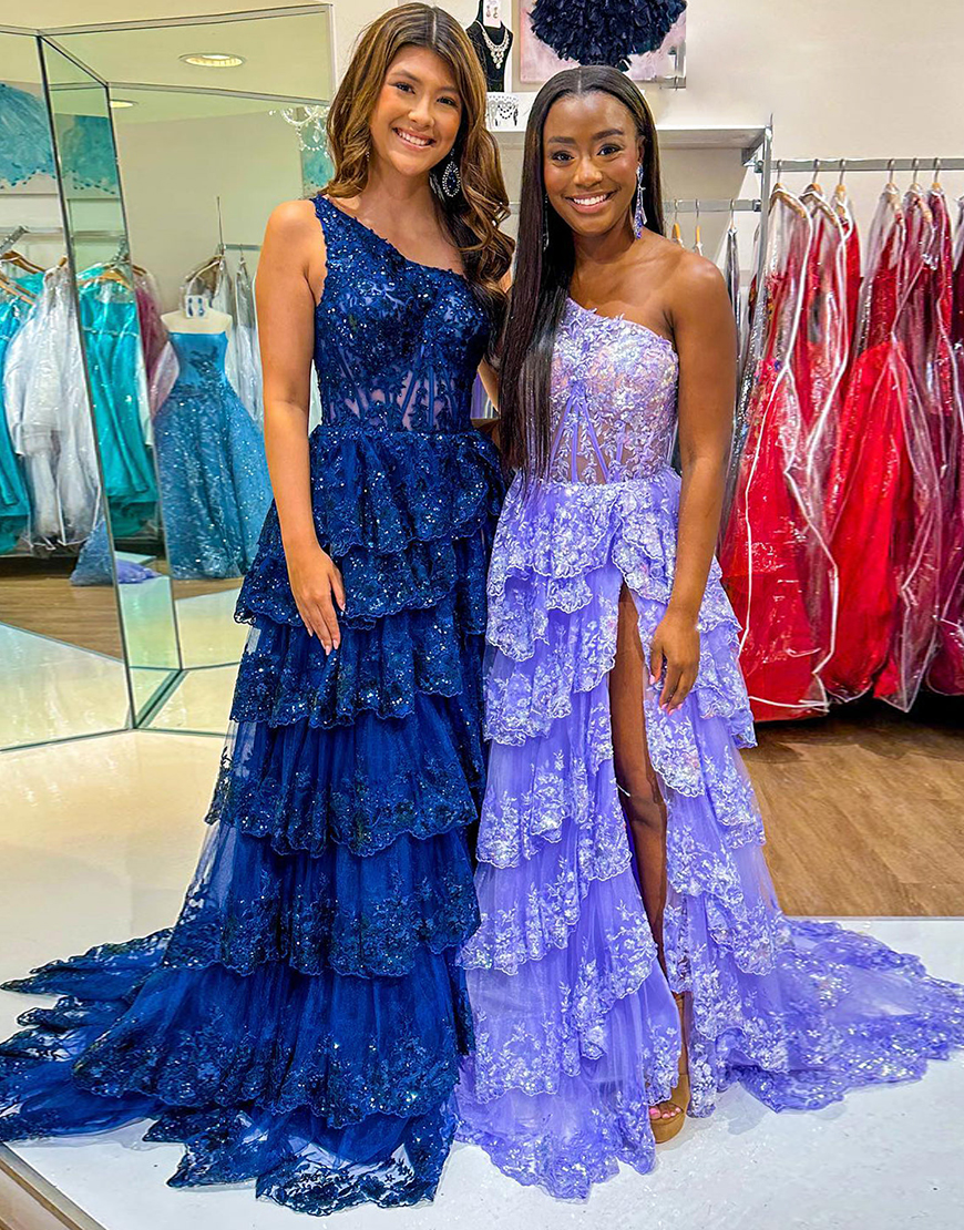 Sparkly Dark Red A-Line One Shoulder Long Tiered Prom Dress With Slit