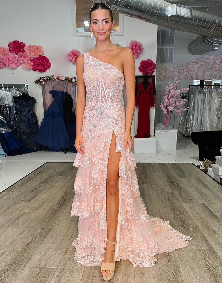 Sparkly Dark Red A-Line One Shoulder Long Tiered Prom Dress With Slit