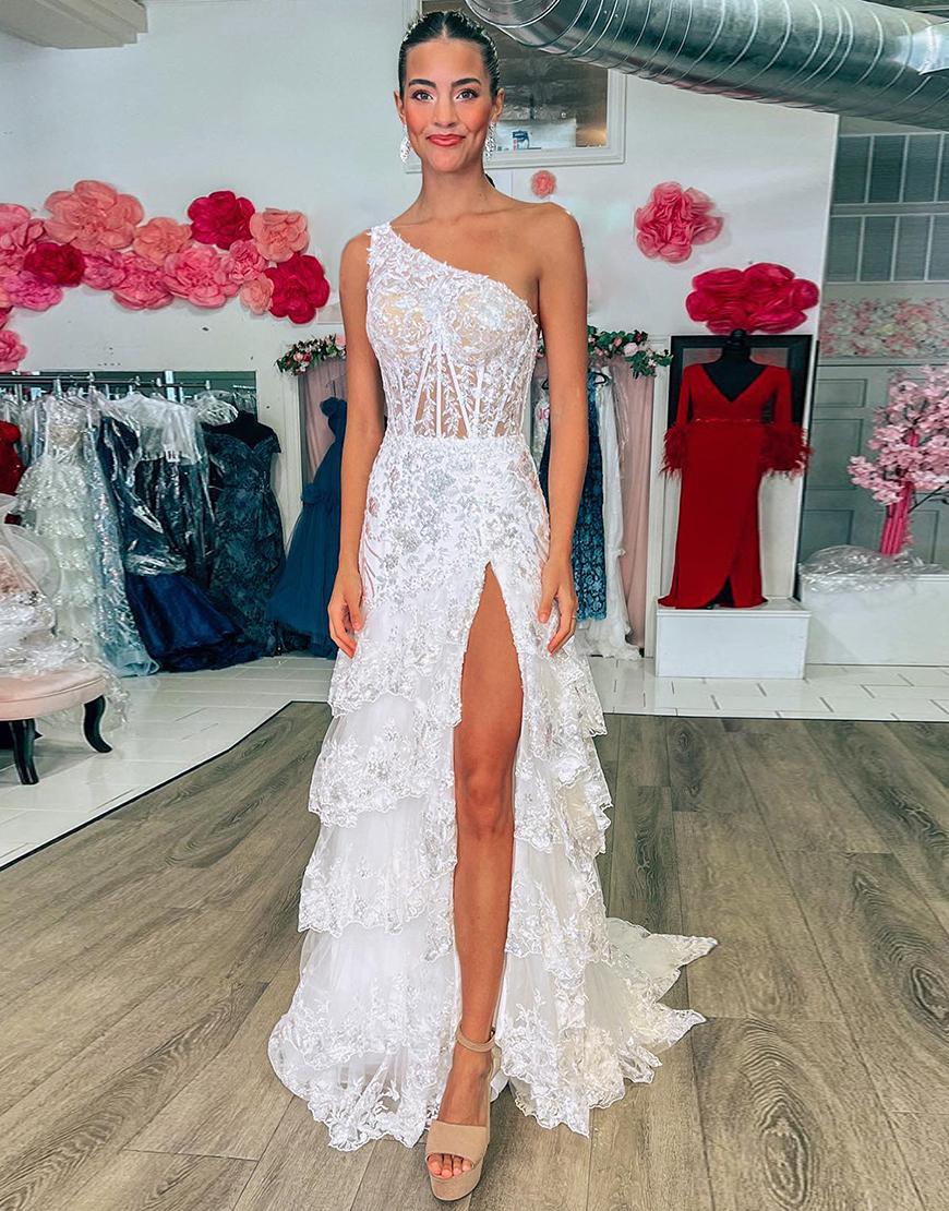 Sparkly Dark Red A-Line One Shoulder Long Tiered Prom Dress With Slit