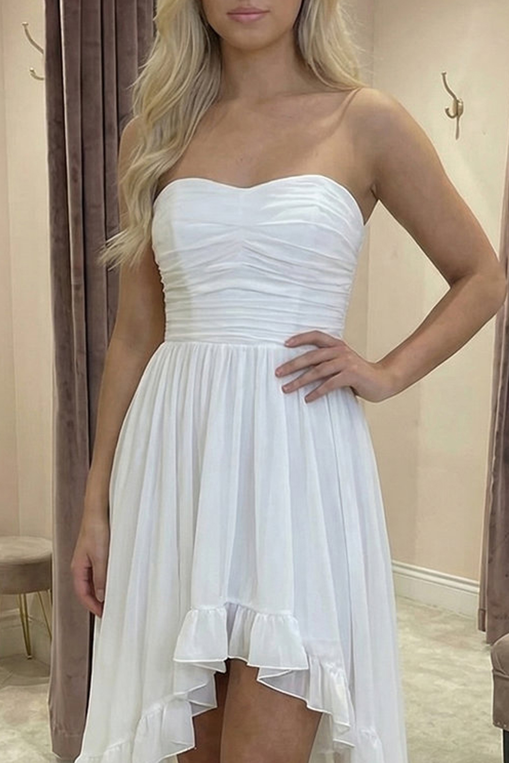 White Chiffon A Line High-Low Graduation Dress with Ruffles
