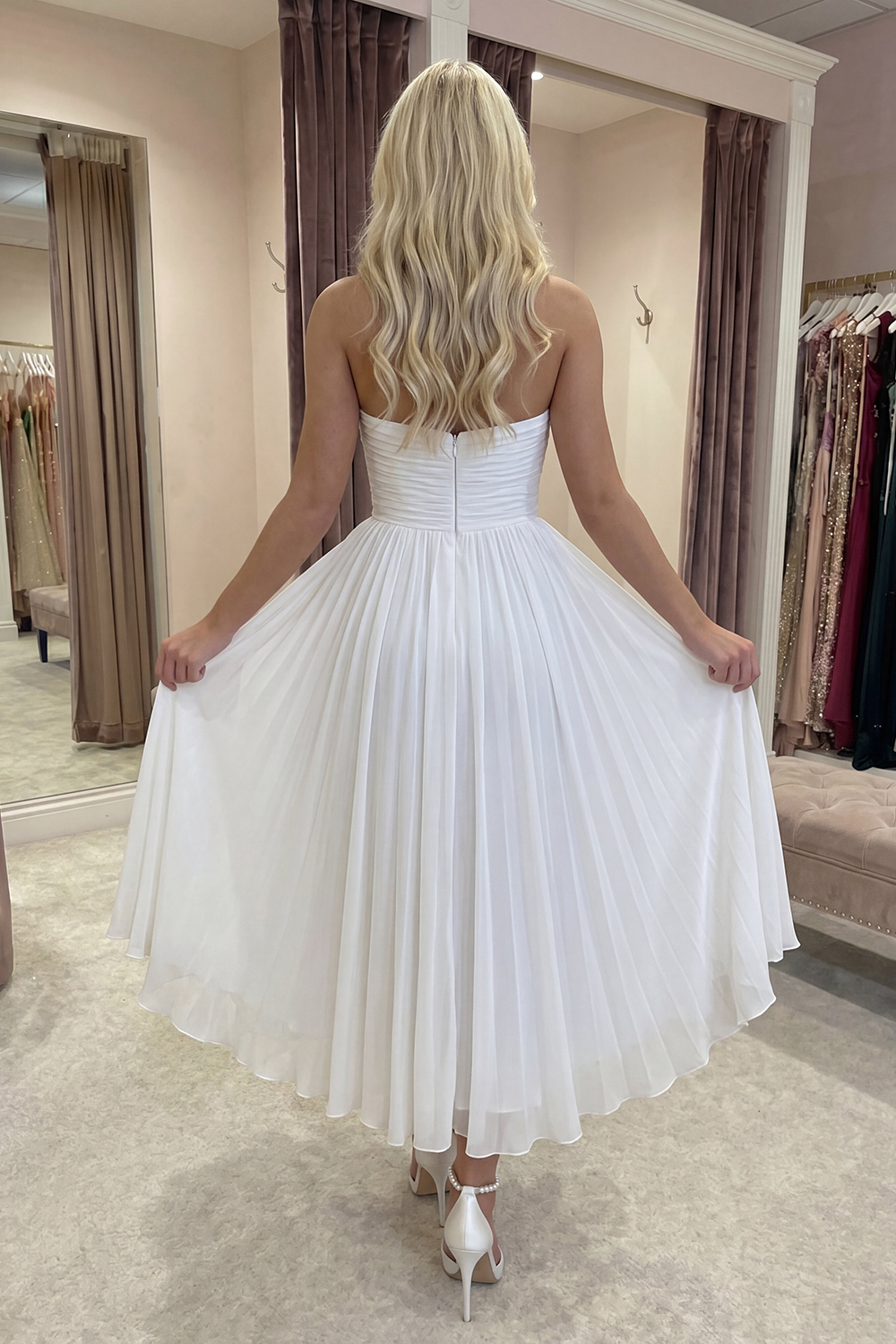 White Chiffon A Line High-Low Graduation Dress with Ruffles