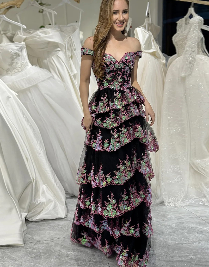 Sparkly Gold Off The Shoulder A-Line Prom Dress with Sequin And Split