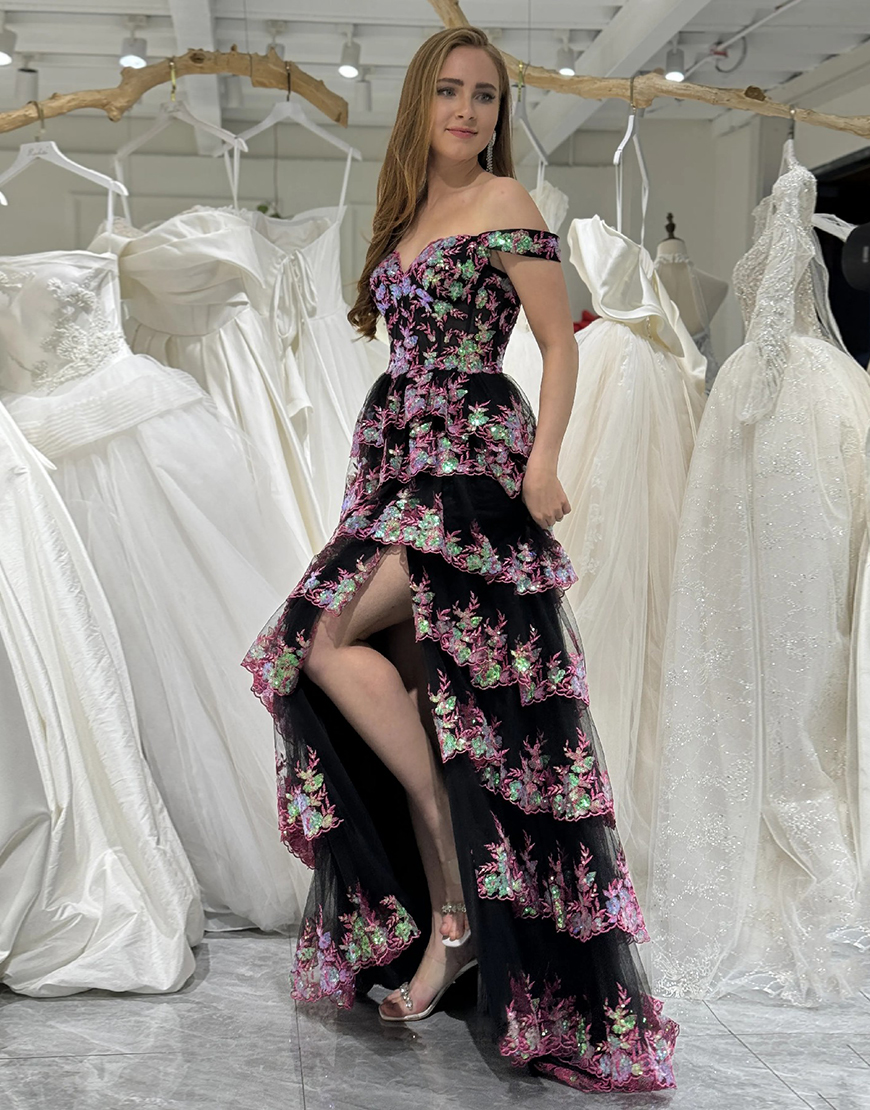 Sparkly Gold Off The Shoulder A-Line Prom Dress with Sequin And Split