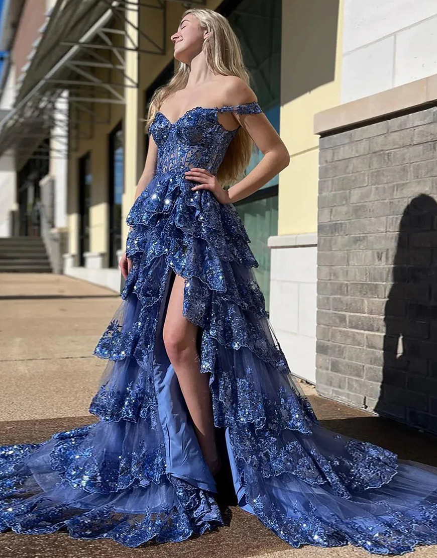 Trendy Gold A-Line Off The Shoulder Long Sequin Prom Dress with Split