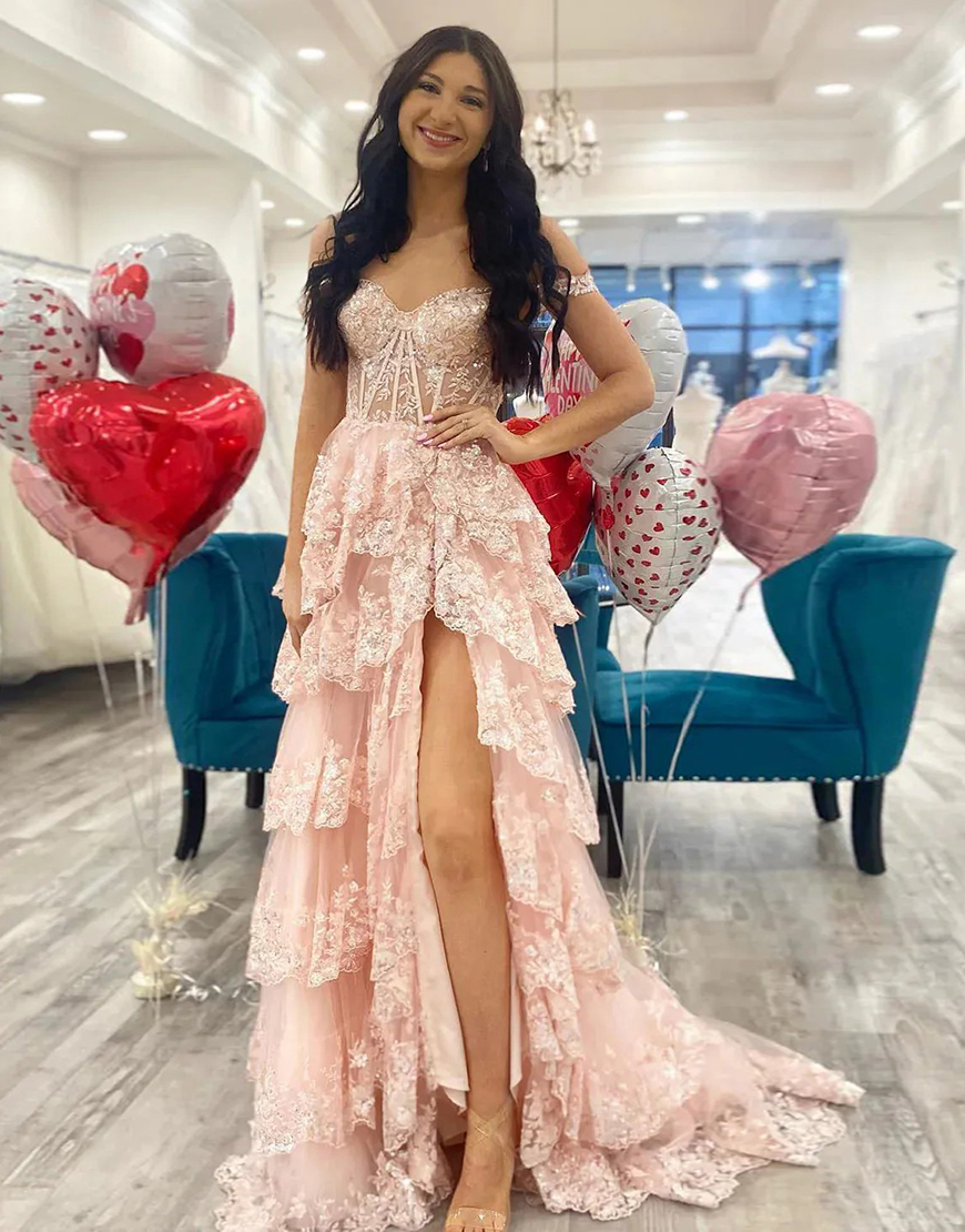 Sparkly Gold Off The Shoulder A-Line Prom Dress with Sequin And Split