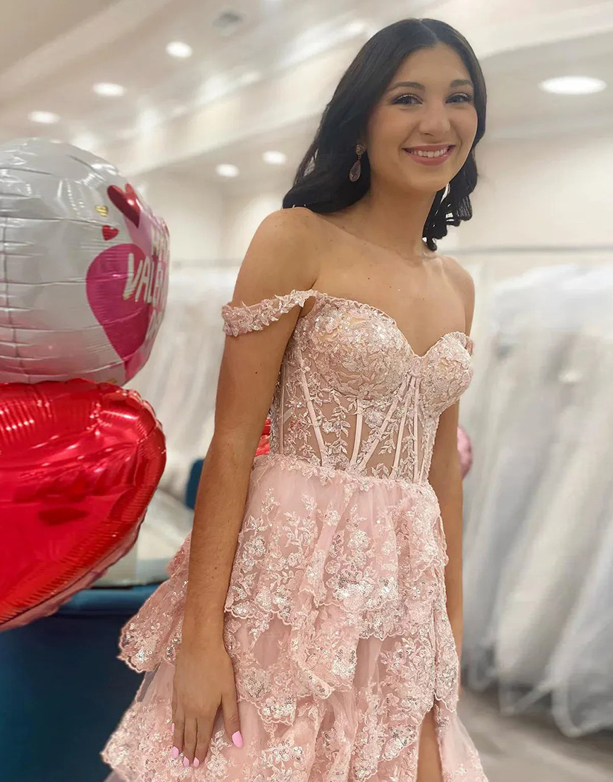 Sparkly Gold Off The Shoulder A-Line Prom Dress with Sequin And Split