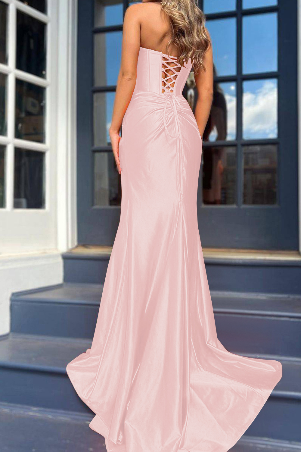 Mermaid Satin Strapless Lace Up Long Prom Dress With Slit