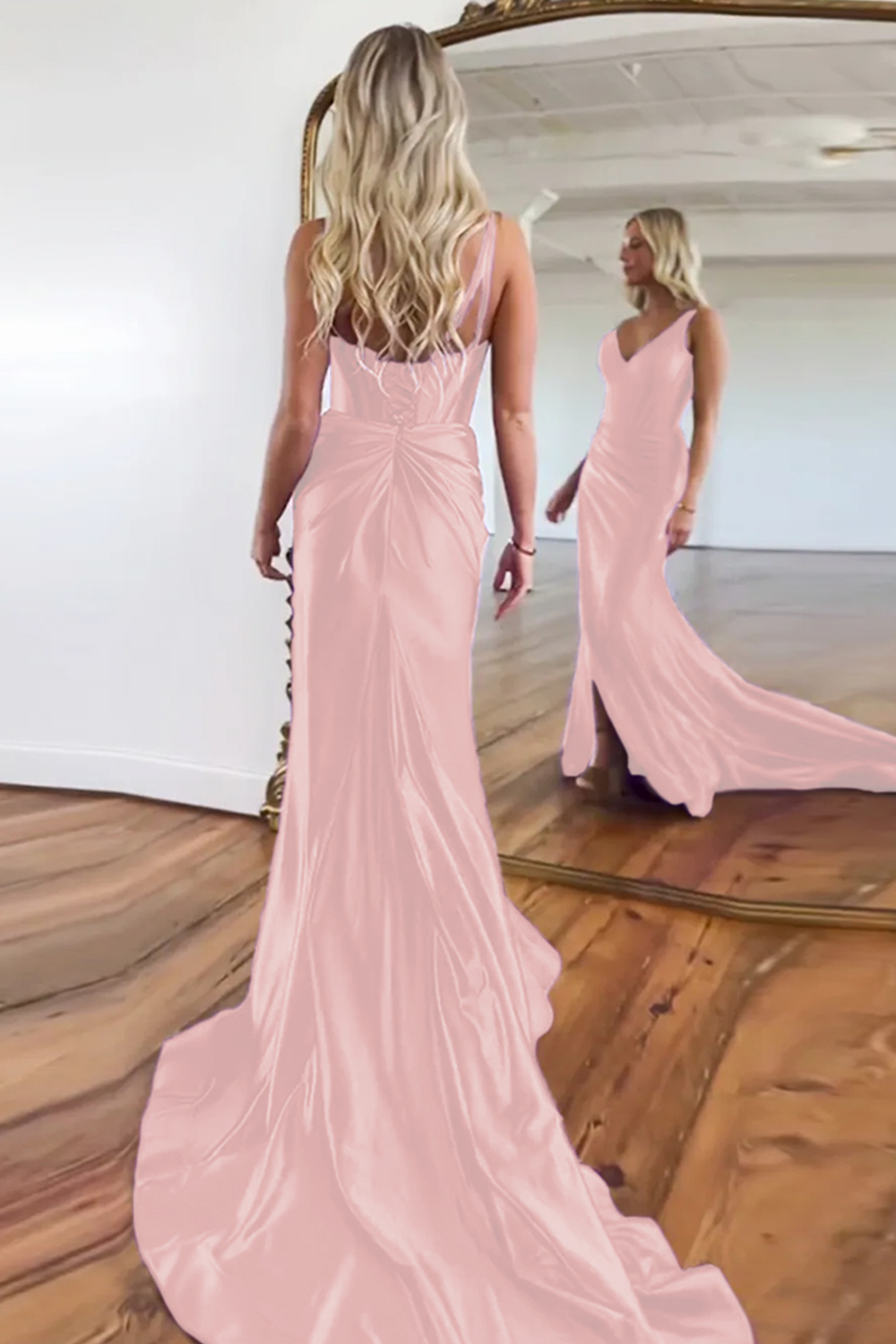 Purple Satin V-Neck Sweep Train Mermaid Prom Dress With Slit