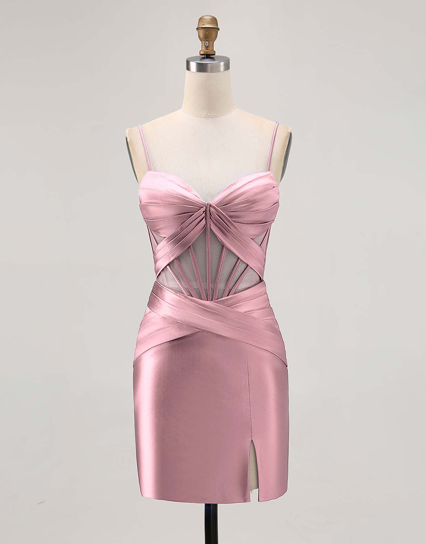 Royal Blue Tight Ruched Satin Short Corset Homecoming Dress with Slit