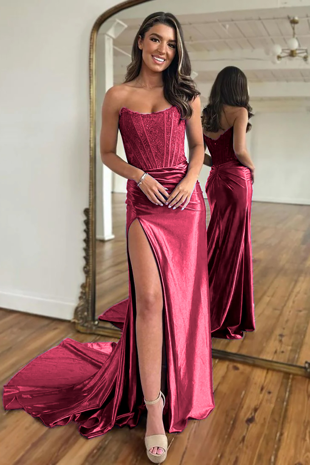 Sexy Red Strapless Long Prom Dress With Split