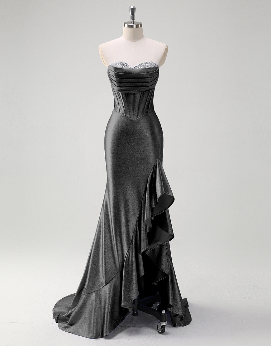 Grey Blue Mermaid Strapless Rhinestones Corset Satin Long Prom Dress with Ruffles Slit