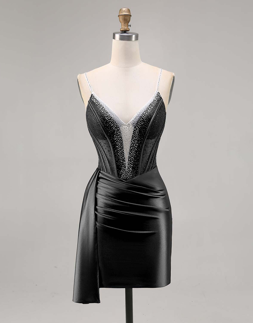 Sparkly Navy Satin Ruffled Short Corset Homecoming Dress with Beading