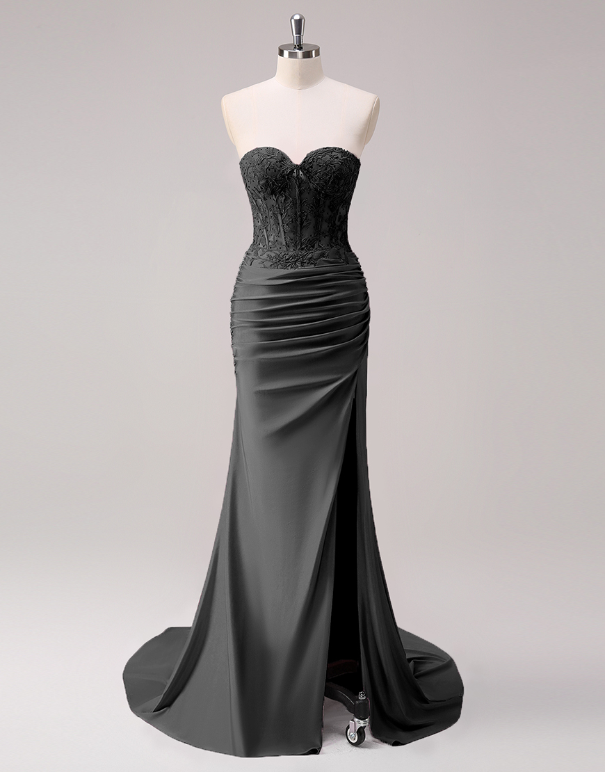 Sparkly Fuchsia Mermaid Strapless Beaded Corset Appliques Long Prom Dress with Slit