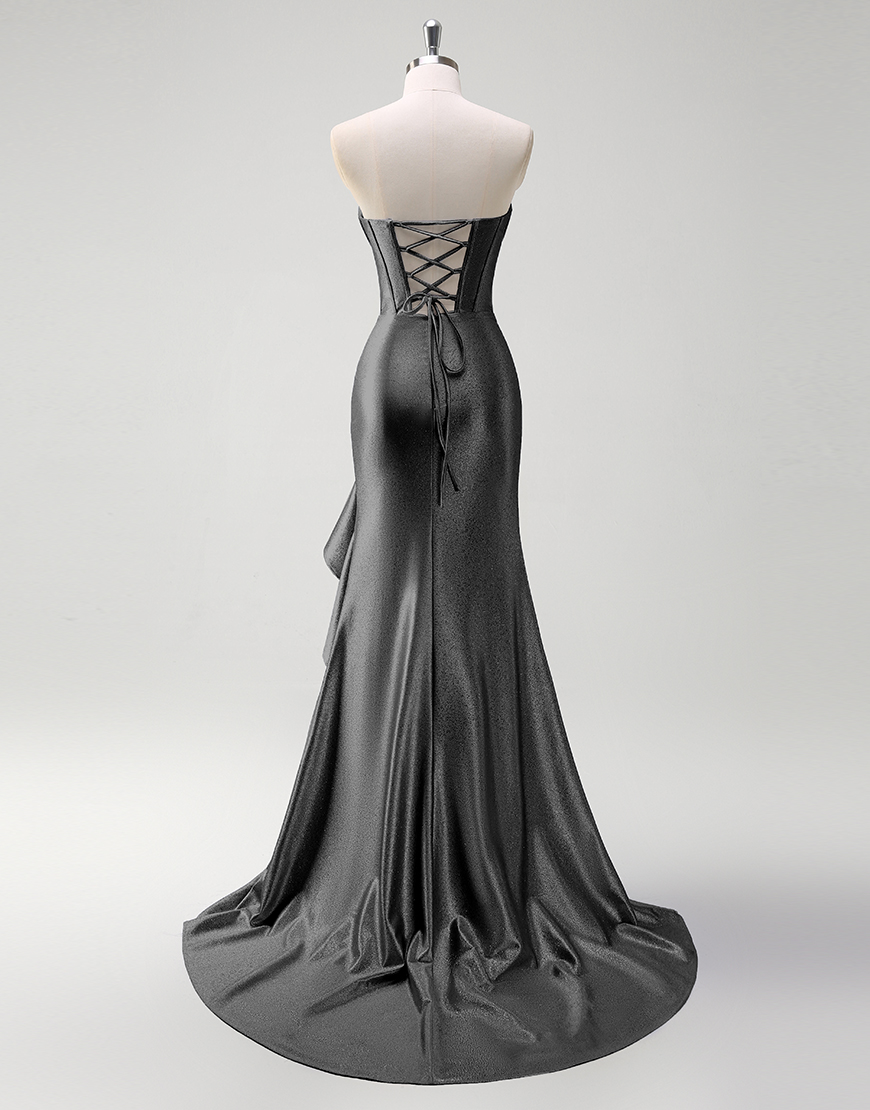 Grey Blue Mermaid Strapless Rhinestones Corset Satin Long Prom Dress with Ruffles Slit