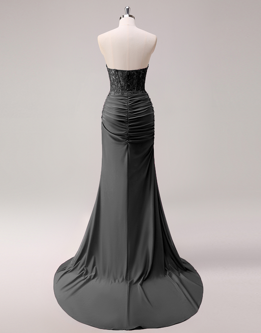 Sparkly Fuchsia Mermaid Strapless Beaded Corset Appliques Long Prom Dress with Slit