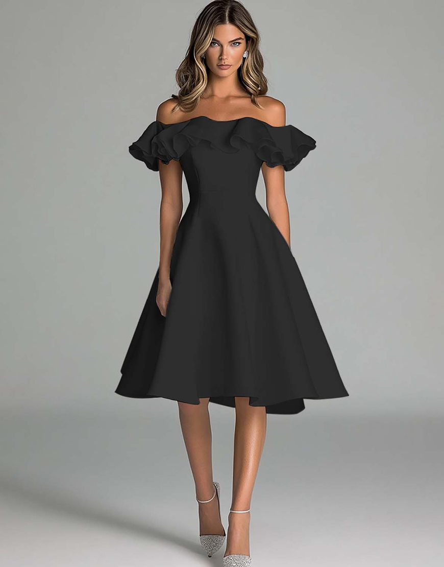 A Line Satin Off the Shoulder Little White Graduation Dress with Ruffles