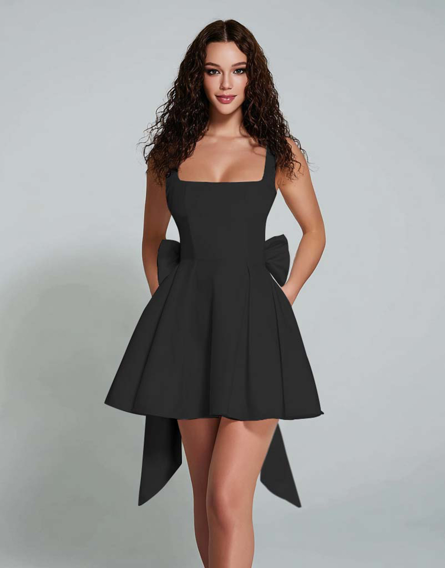 White A Line Square Neck Short Homecoming Dress with Bow