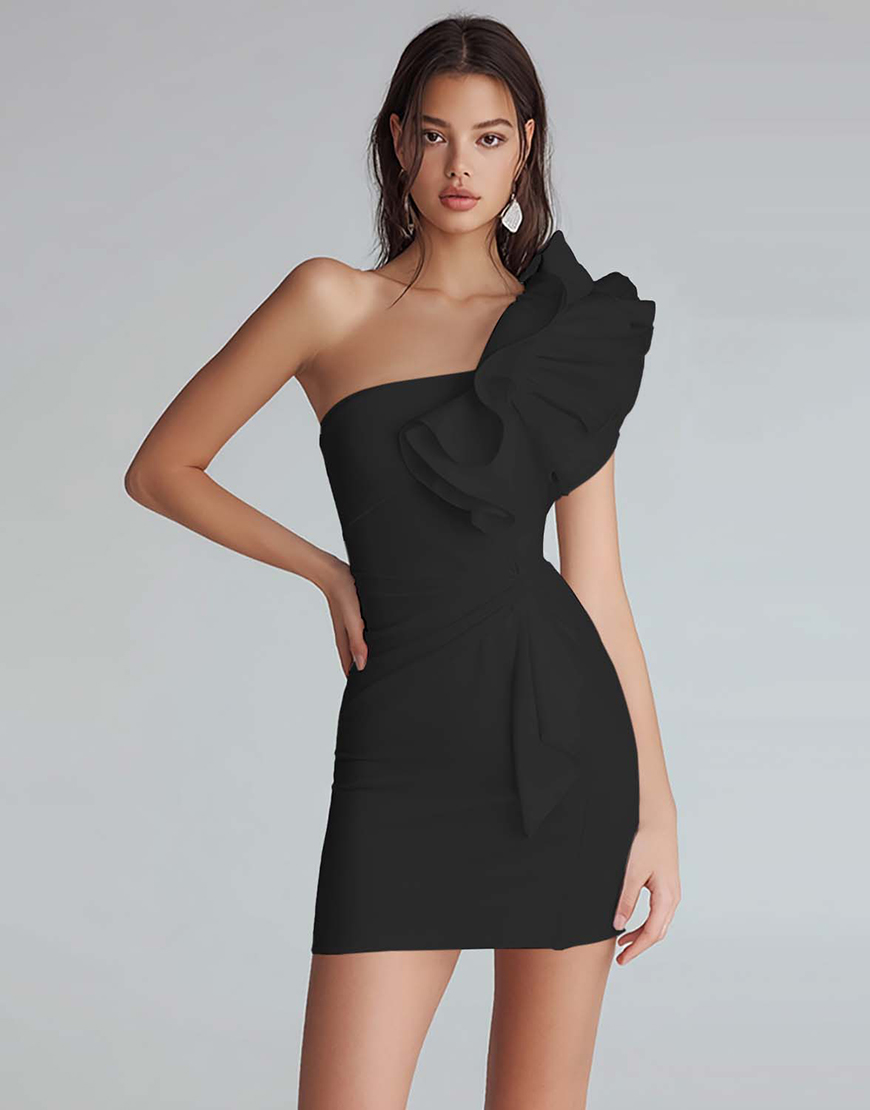 Ivory Satin One Shoulder Short Tight Homecoming Dress with Ruffles