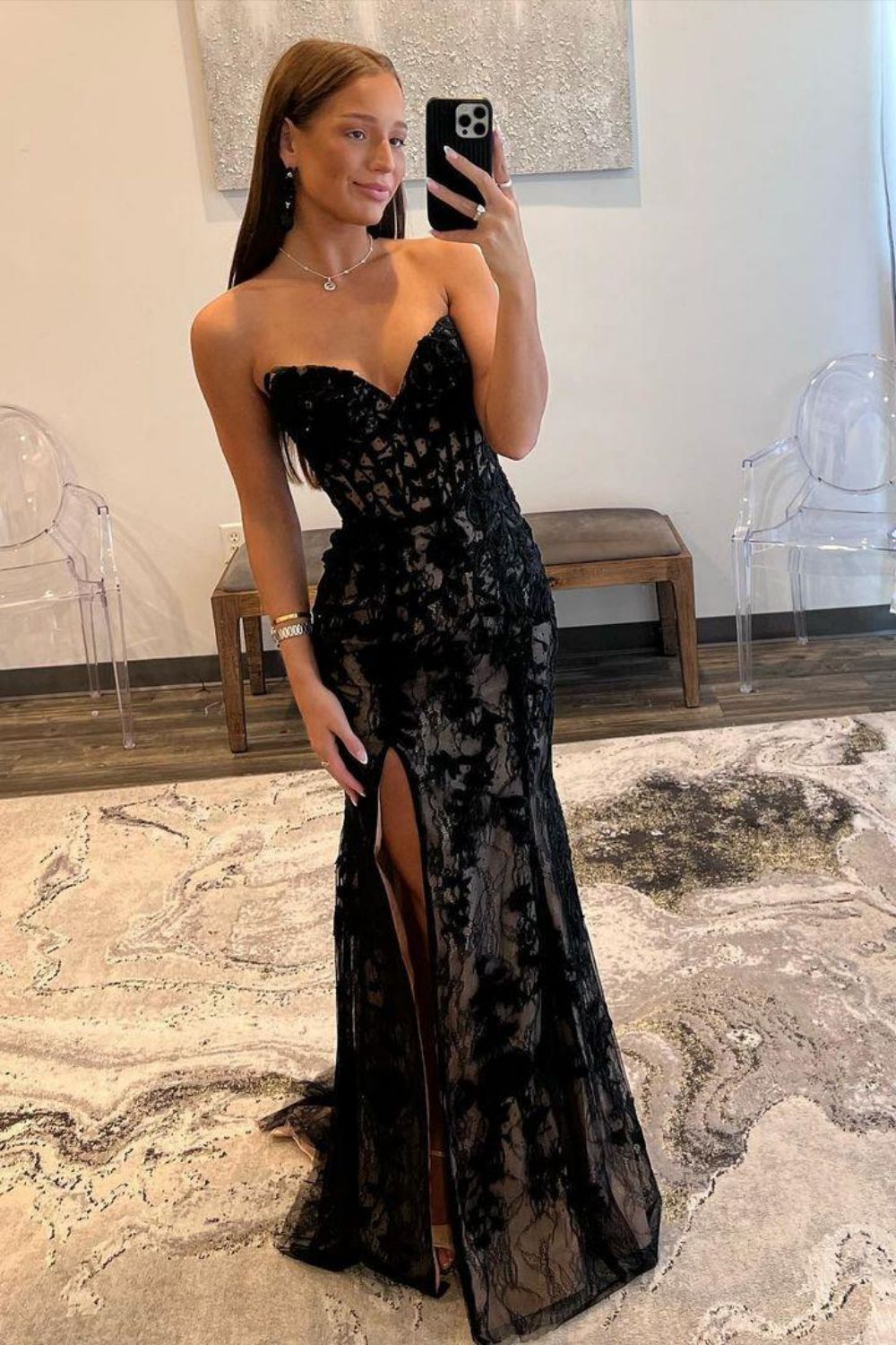 Black Strapless Mermaid Sweep Train Lace Up Prom Dress With Split