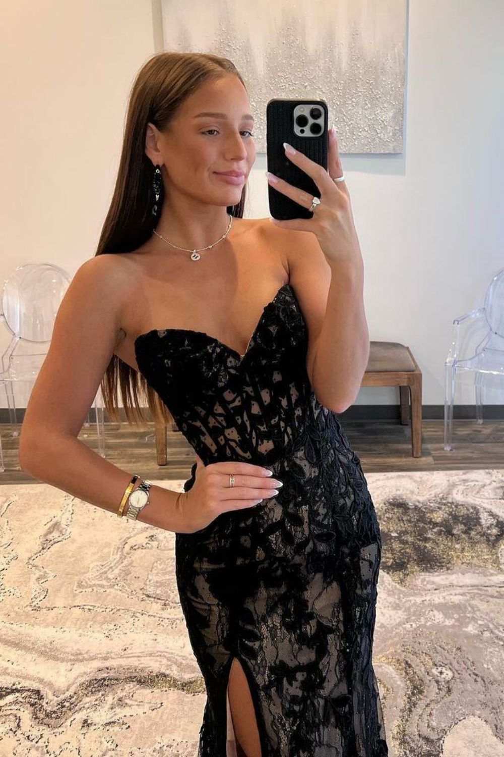 Black Strapless Mermaid Sweep Train Lace Up Prom Dress With Split