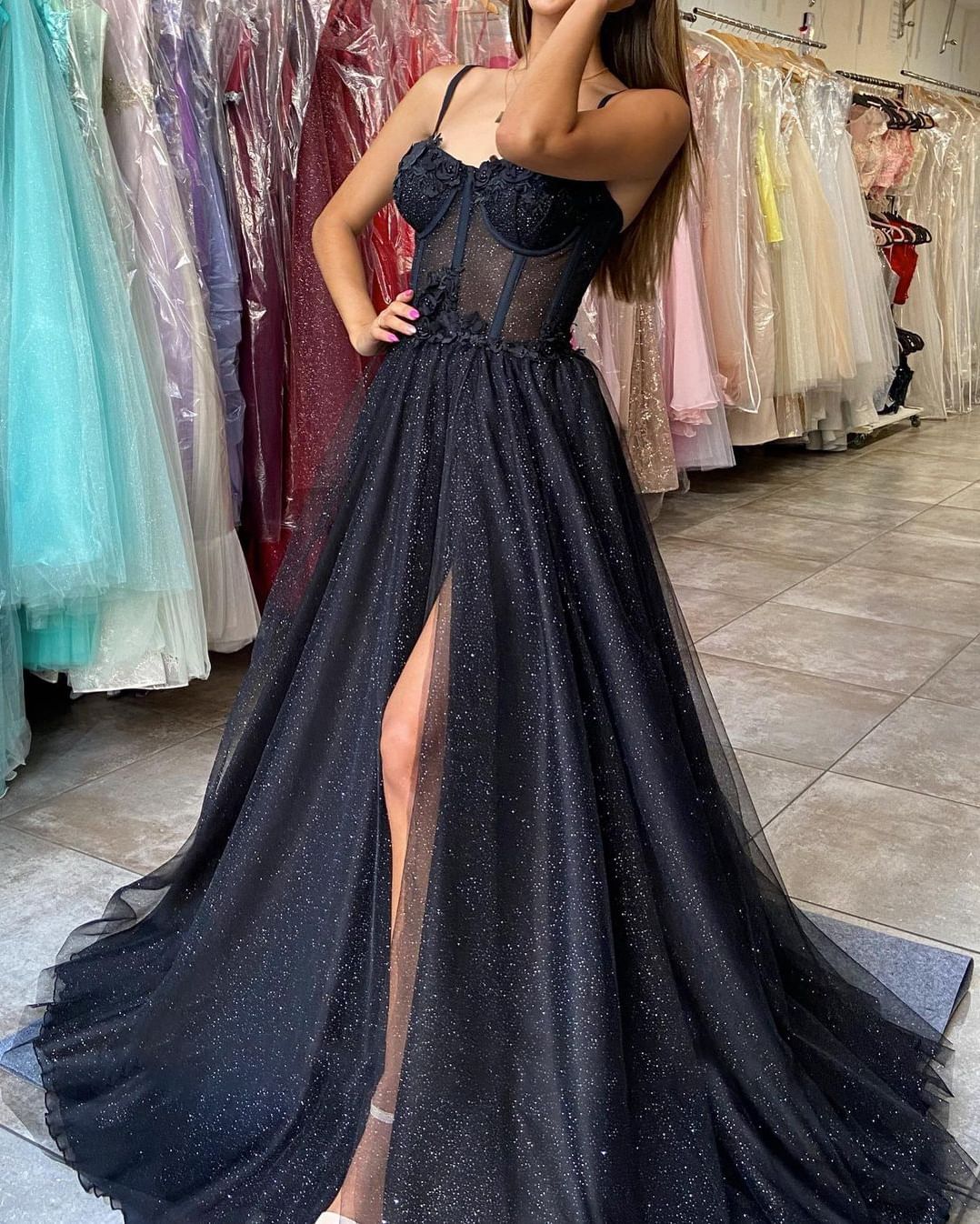 Black A-line Spaghetti Straps Glitter Prom Dress With Split