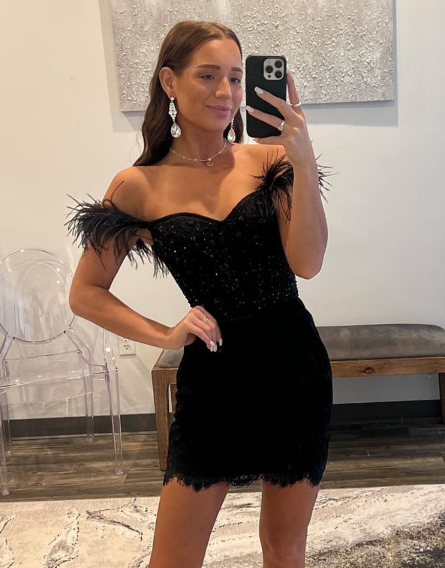 Black Off The Shoulder Glitter Homecoming Dress With Feather