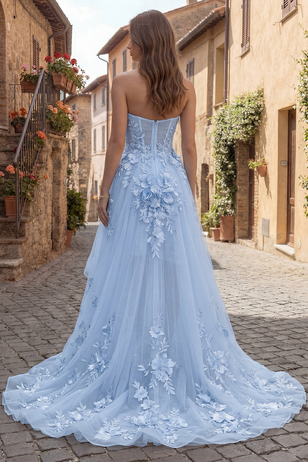 Yellow Corset Floral Sweetheart High-Low Prom Dress with Ruffles