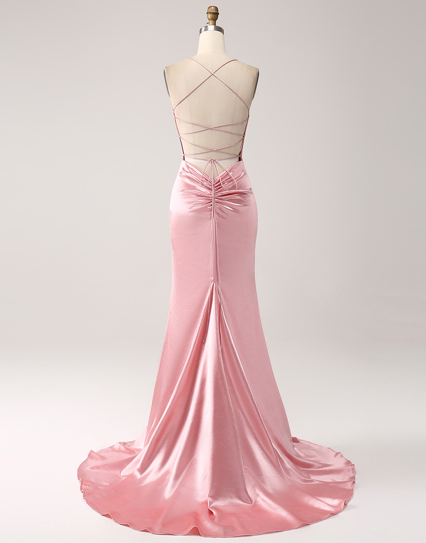 Blush Mermaid Spaghetti Straps Satin Lace-Up Long Prom Dress