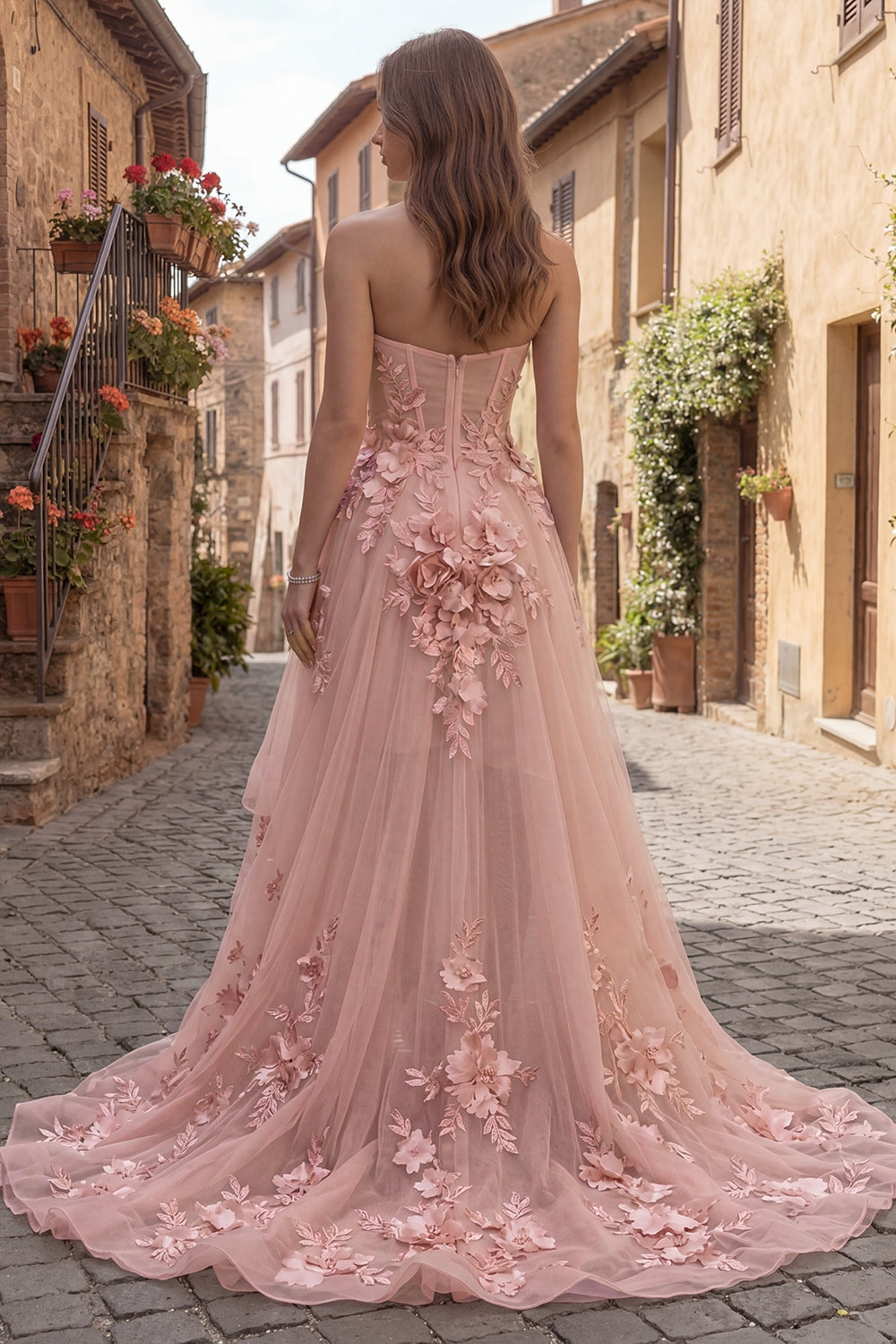 Yellow Corset Floral Sweetheart High-Low Prom Dress with Ruffles