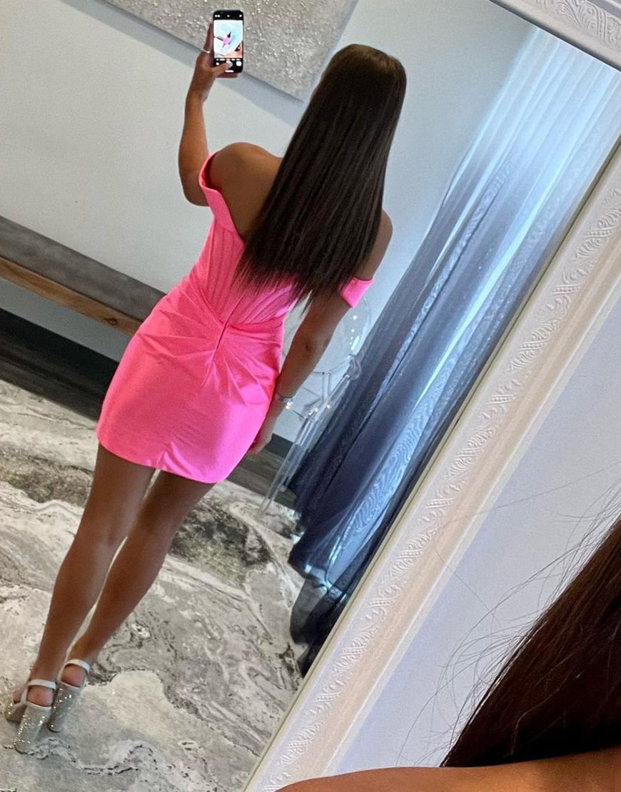 Bodycon Off The Shoulder Satin Homecoming Dress With Pleating