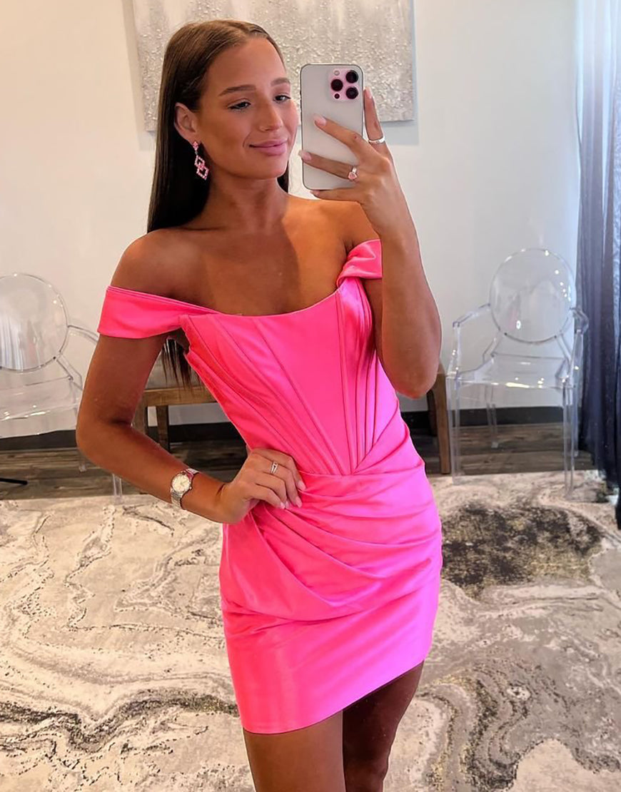 Blue Bodycon Off The Shoulder Satin Homecoming Dress With Pleating