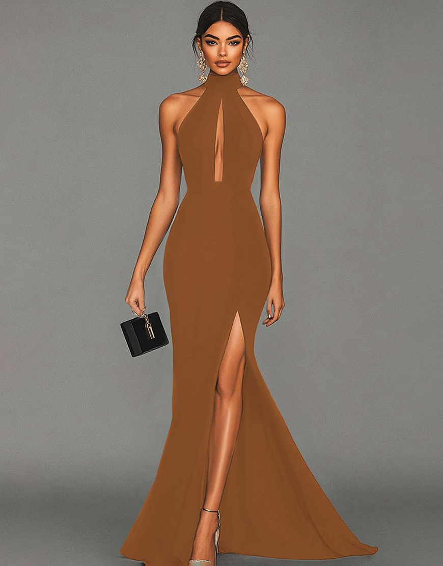 Black Mermaid High Neck Hollow Out Satin Long Formal Dress with Slit