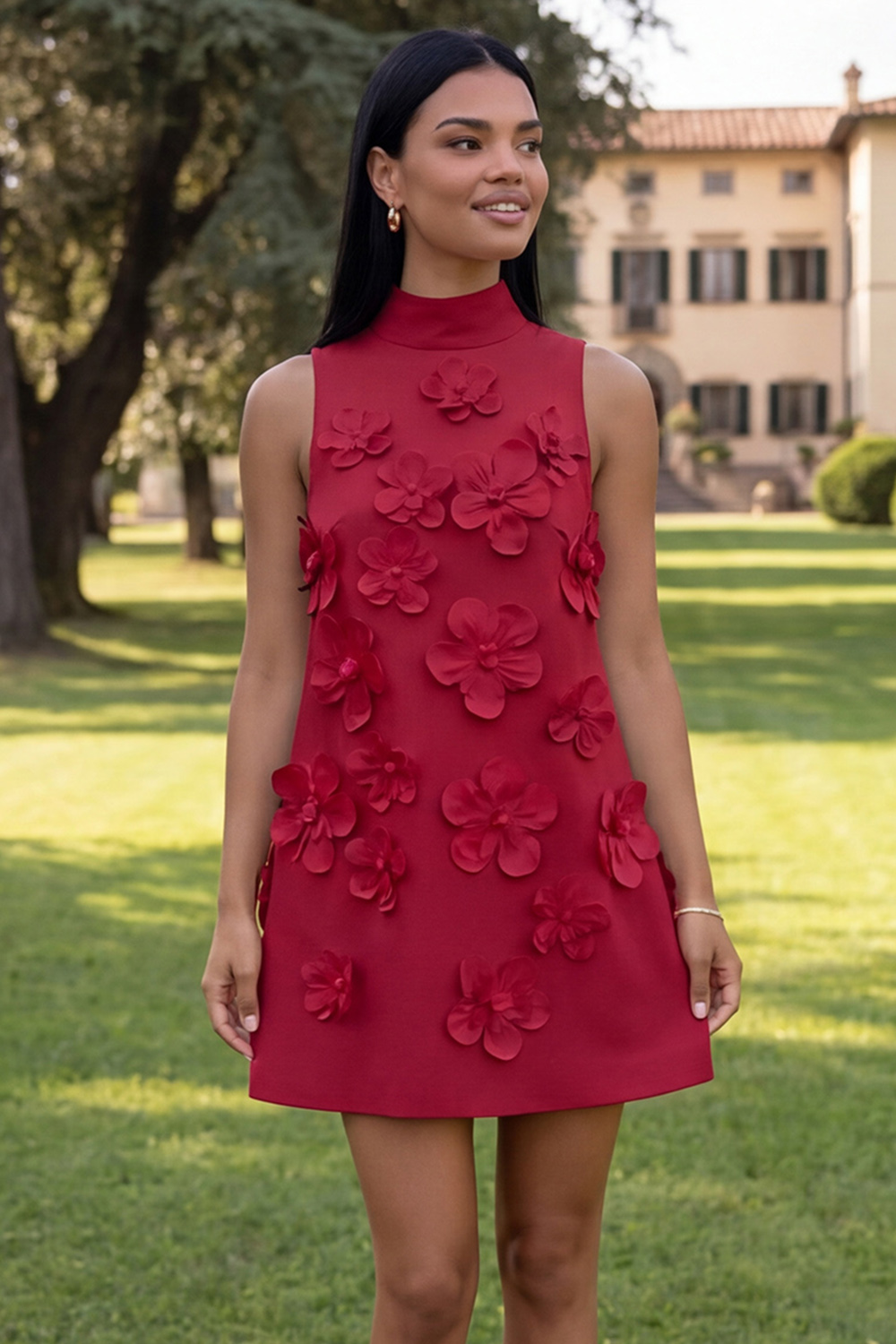 Fuchsia Short Floral High Neck A Line Homecoming Dress