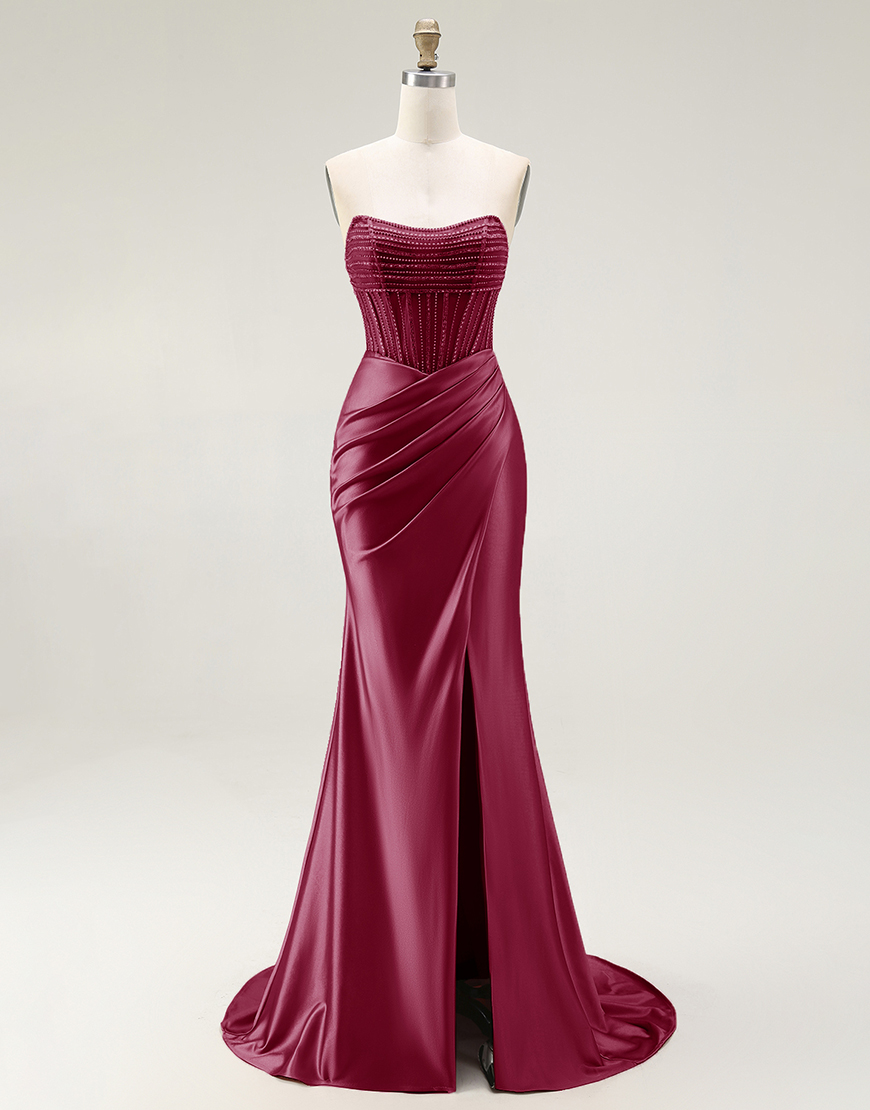 Sparkly Mermaid Blush Strapless Ruched Long Prom Dress with Slit