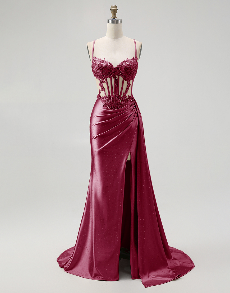 Sparkly Champagne Mermaid Spaghetti Straps Satin Long Prom Dress with Beading