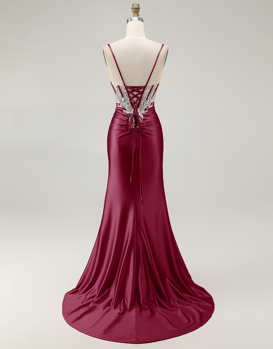 Sparkly Grey Pink Mermaid Satin Corset Long Prom Dress with Slit