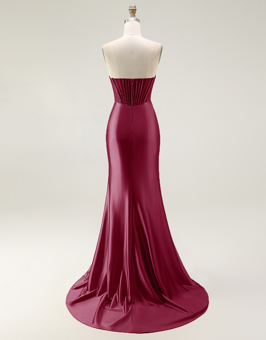 Sparkly Mermaid Blush Strapless Ruched Long Prom Dress with Slit