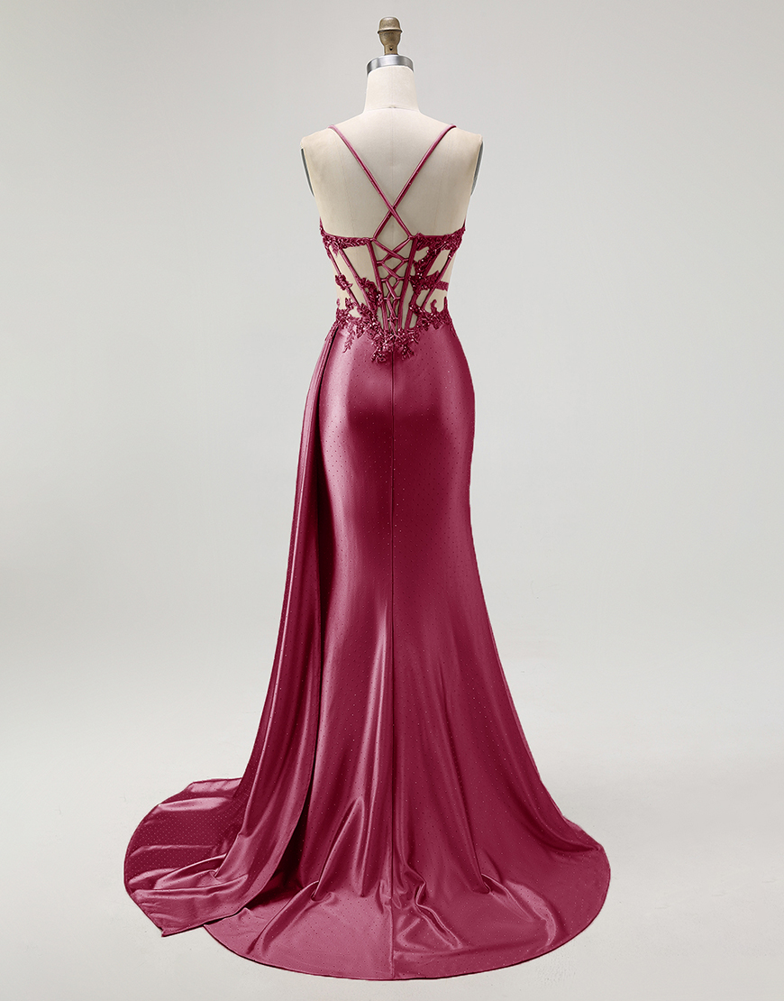 Sparkly Champagne Mermaid Spaghetti Straps Satin Long Prom Dress with Beading