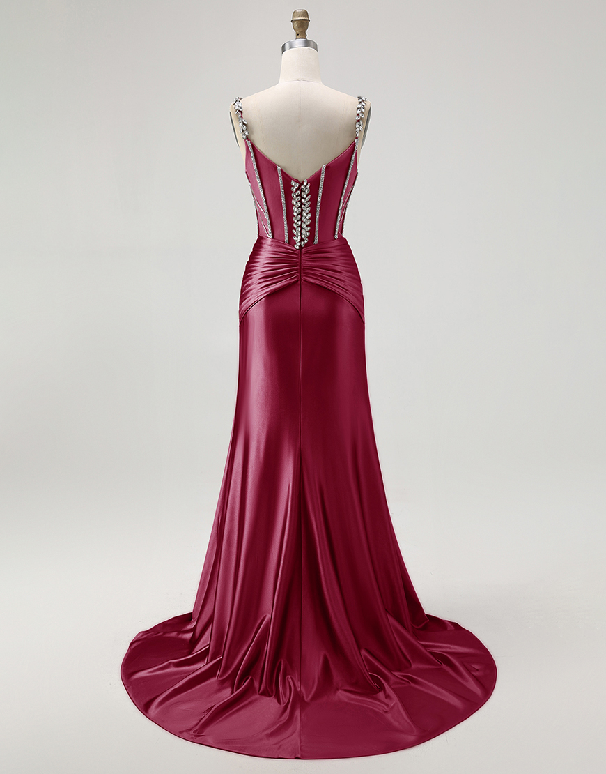 Sparkly Blush Mermaid Spaghetti Straps Long Corset Satin Prom Dress with Beading