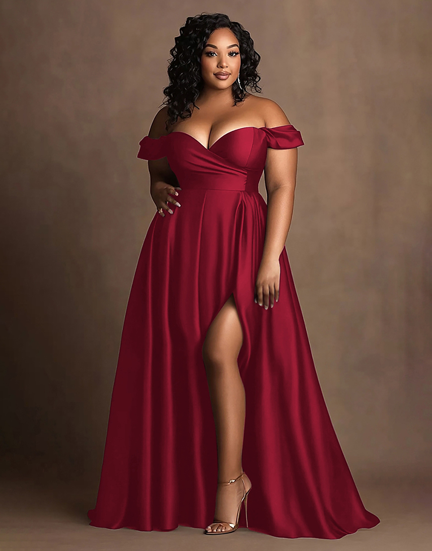 Navy A Line Off the Shoulder Plus Size Long Satin Formal Dress with Slit