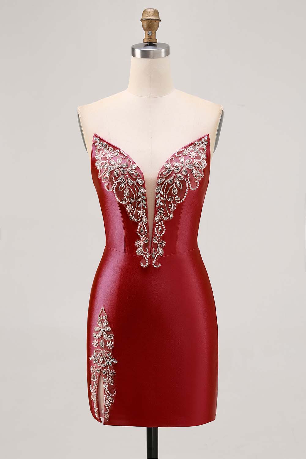 Sparkly Fuchsia Satin Tight Short Strapless Homecoming Dress with Rhinestones