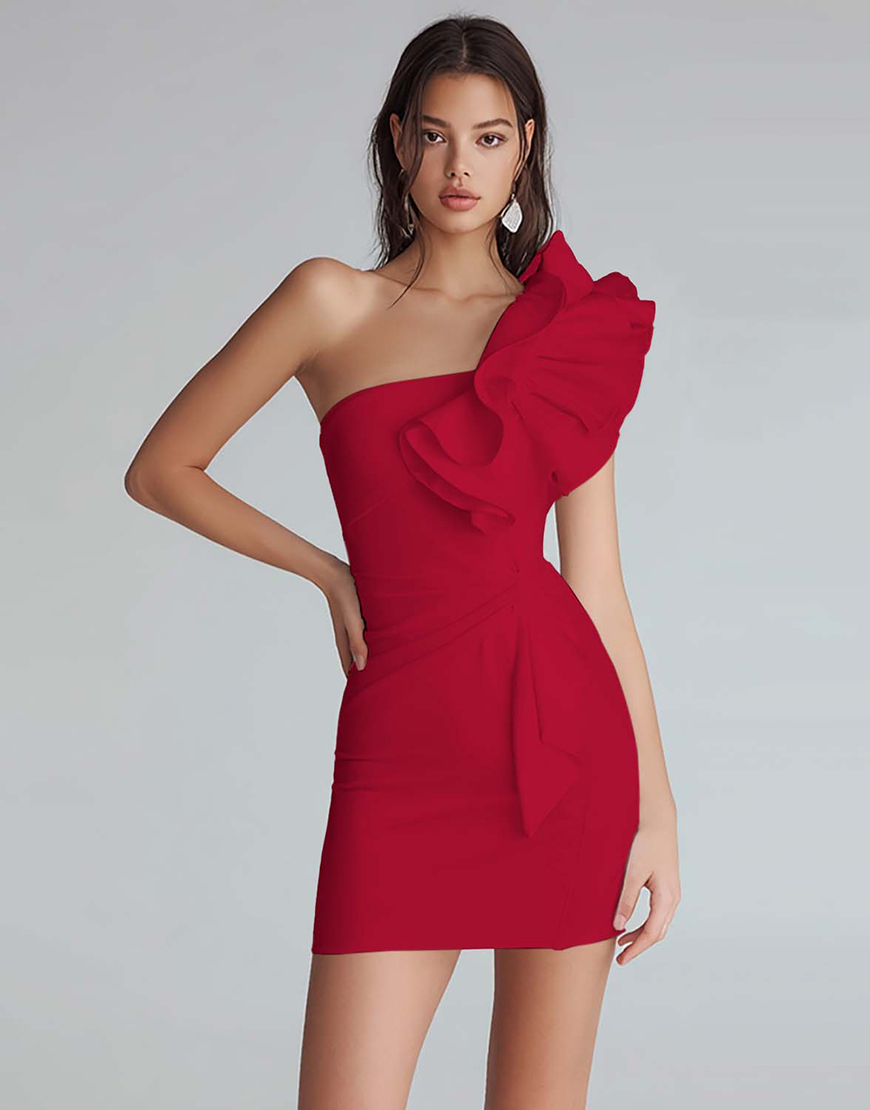 Ivory Satin One Shoulder Short Tight Homecoming Dress with Ruffles