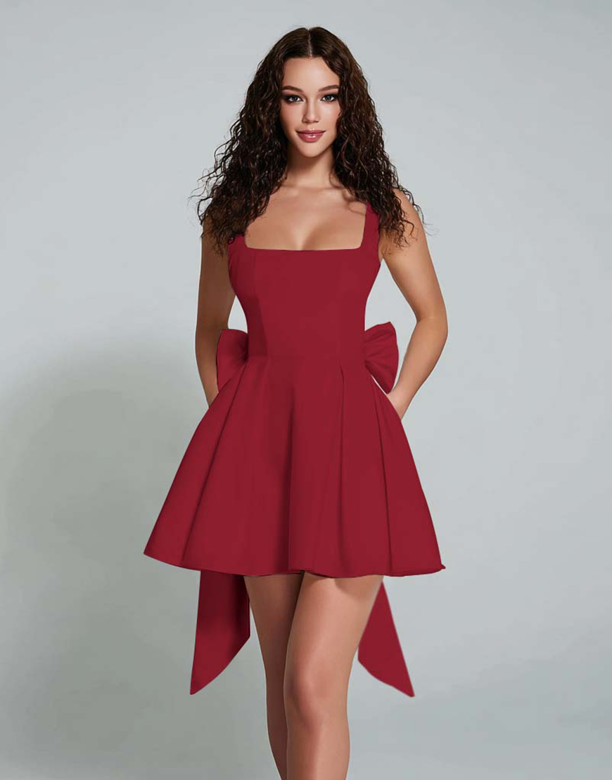 White A Line Square Neck Short Homecoming Dress with Bow