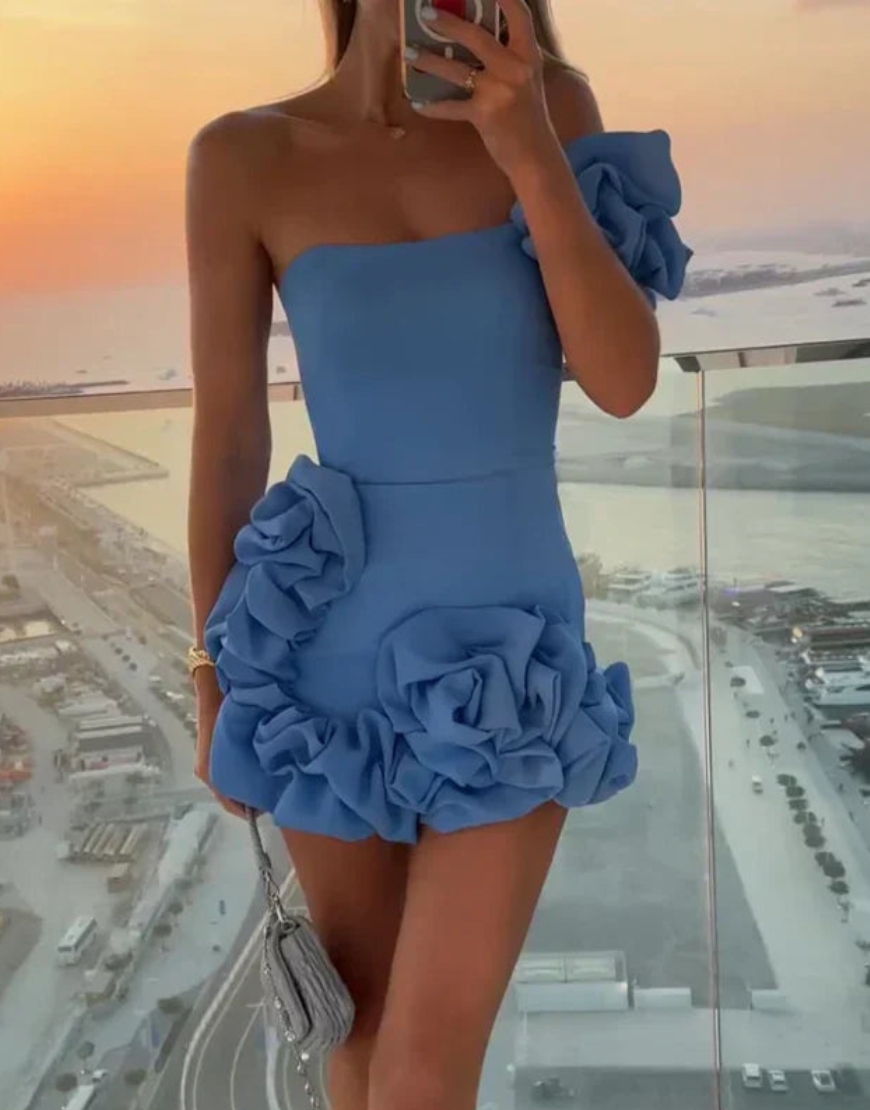  Black Tight Satin Ruffled One Shoulder Homecoming Dress 