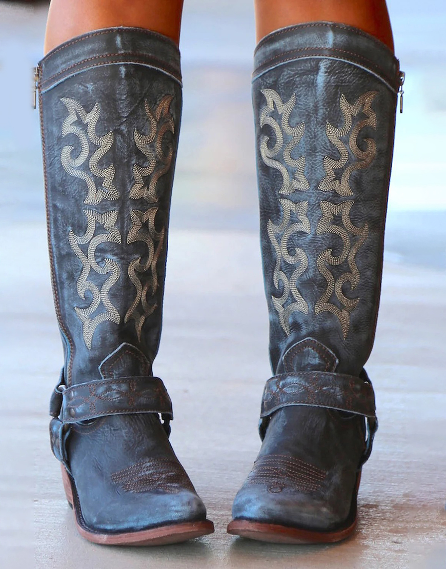 Blue Embroidered Cowgirl Boho Mid Calf Boots
