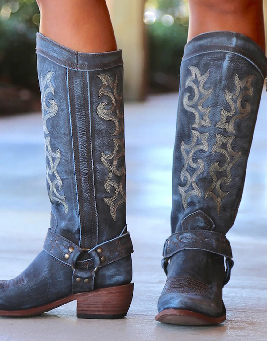 Blue Embroidered Cowgirl Boho Mid Calf Boots