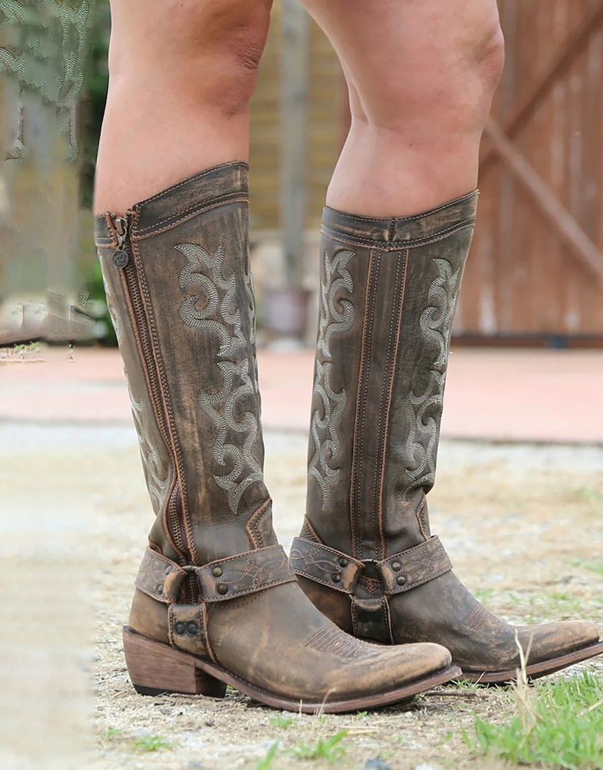 Blue Embroidered Cowgirl Boho Mid Calf Boots
