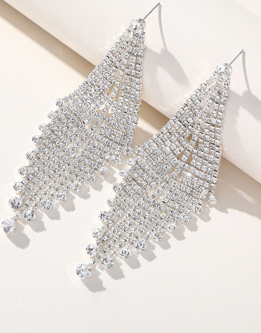 Shiny Silver Long Rhinestones Earrings
